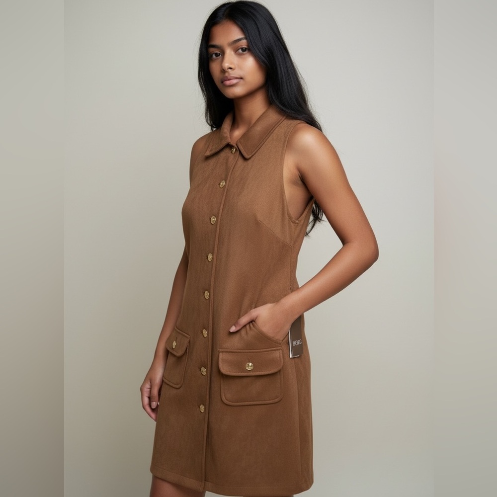 NWOT BCBG Tan Sleeveless Mini Dress with Gold Buttons